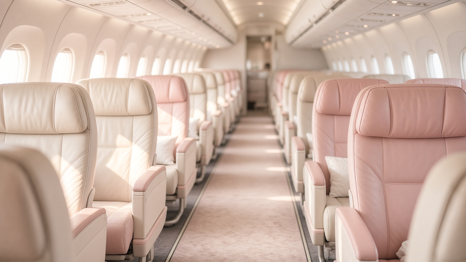 Empty aircraft cabin aisle in morning light