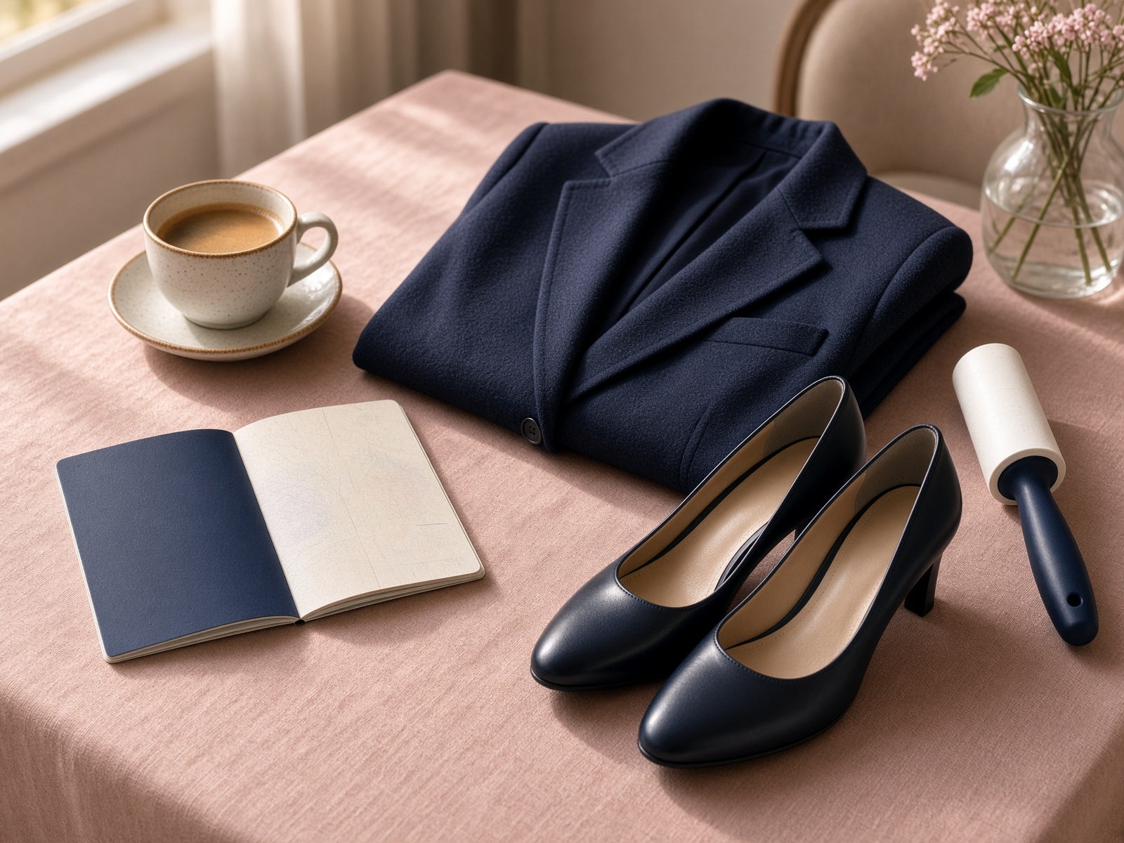 Passport, navy blazer, and interview shoes on a hotel desk