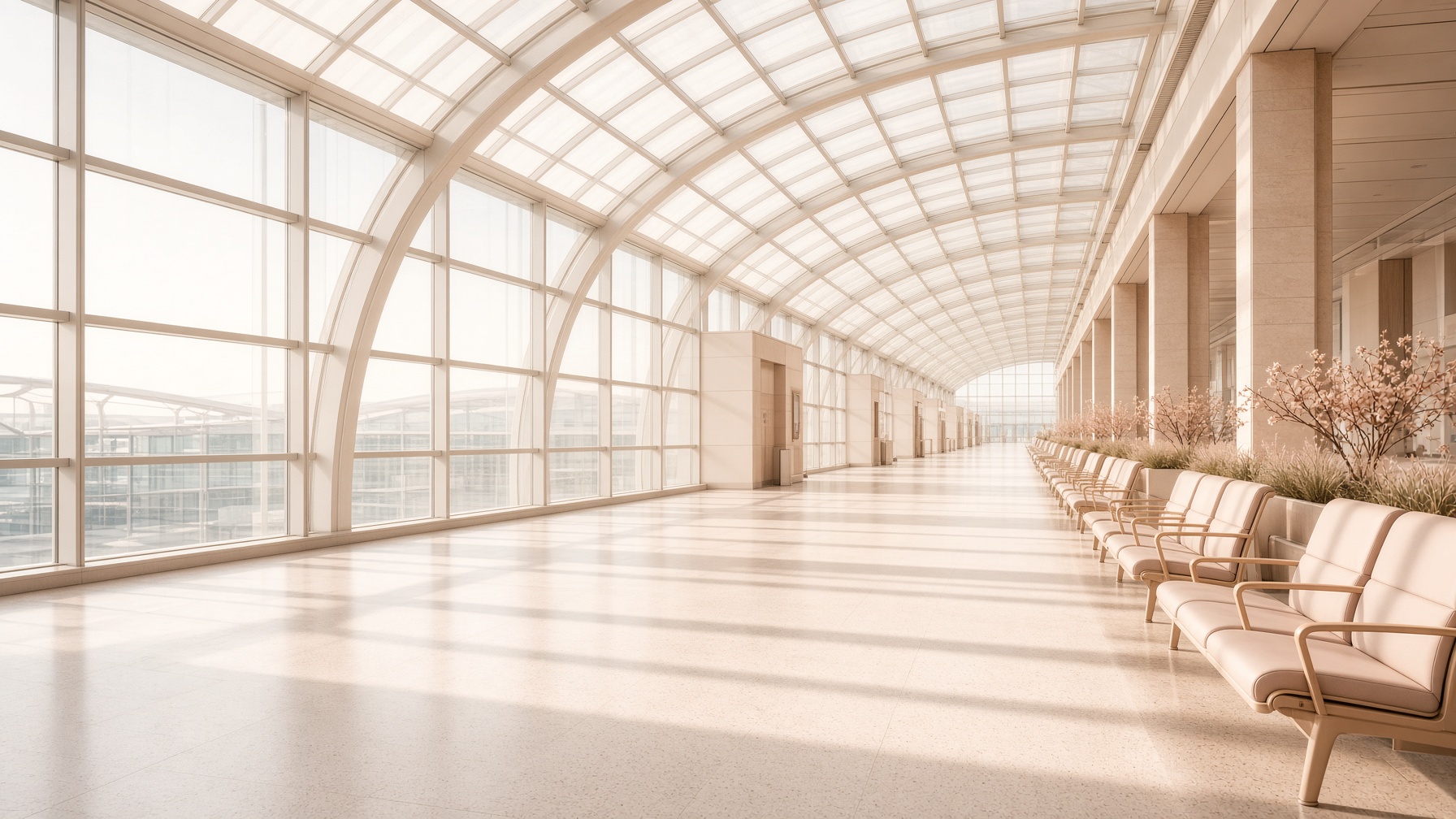 Bright airport terminal concourse